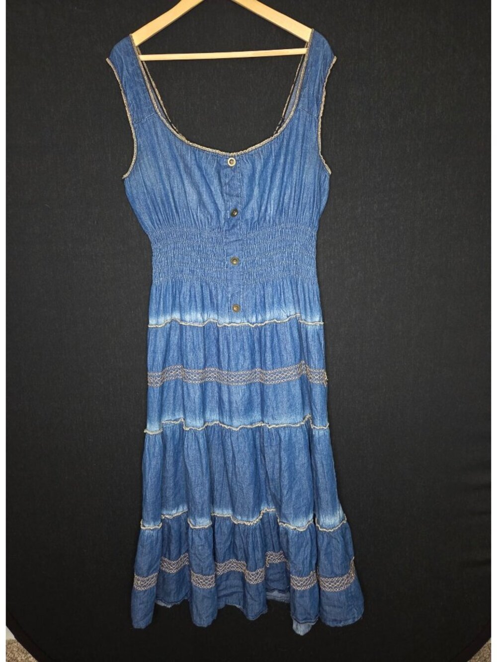 💙 Blue Chambray Cotton Maxi Dress XL Tiered Smocked Waist Boho Western Country